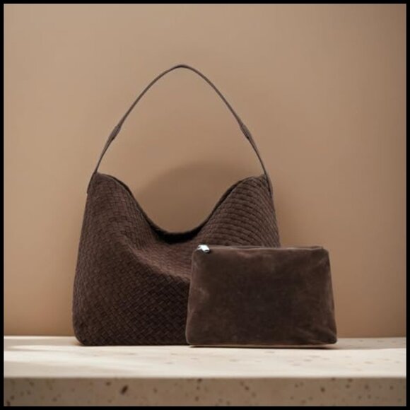 Vintage Woven Tote Bag Vegan Leather Slouchy Hobo Crossbody Large Capacity - Picture 2 of 6